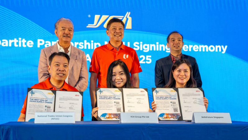 YCH Group, NTUC and SkillsFuture Singapore signing a Memorandum of Understanding (MOU) to support the supply chain and l